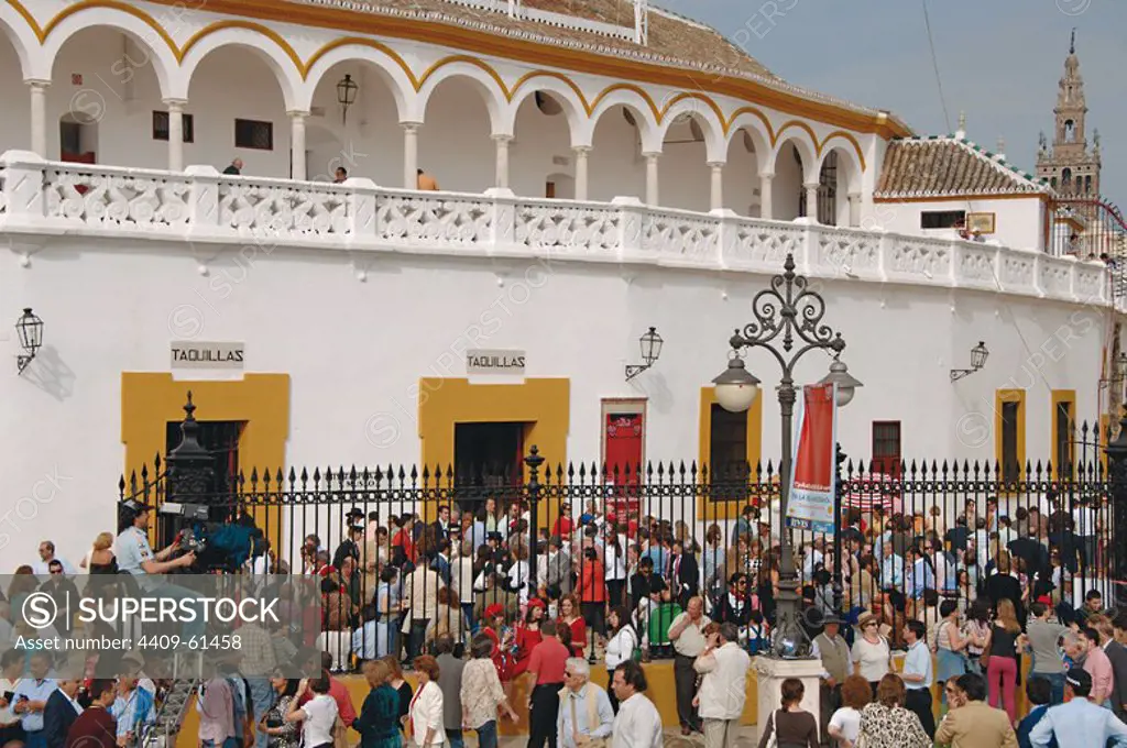 Spain. Andalusia. Seville. Real Maestranza (bullring). people outside the building.