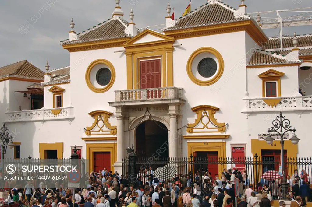 Spain. Andalusia. Seville. Real Maestranza (bullring). people outside the building.