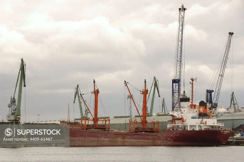 La Coruna, Galicia, Spain. Commercial port. Cranes.