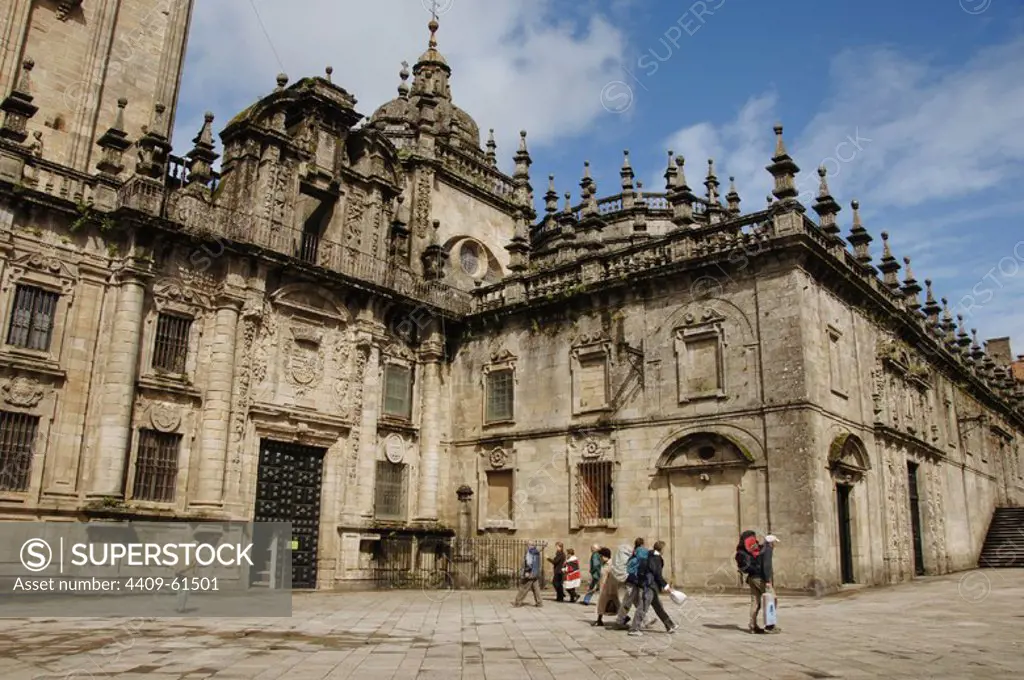Santiago de Compostela, La Coruna province, Galicia, Spain. The Cathedral. East Facade or da Quintana Facade, with two gates: Royal Gate and Holy Gate or Door of Forgiveness (1611). Quintana Square.