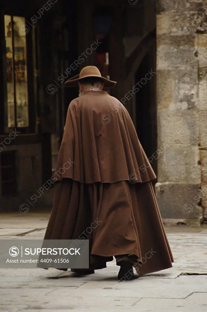 Spain. Galicia. Santiago de Compostela. Man in traditional pilgrim clothing. Way of Saint James.
