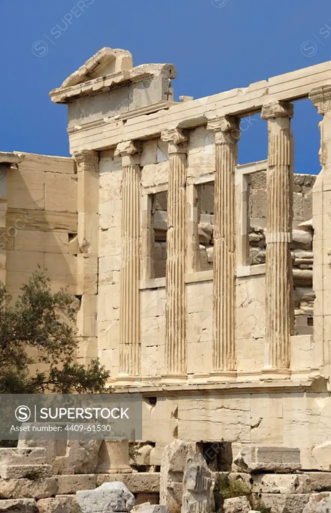Greece. Athens. Acropolis. Erechtheion. Ionic temple which was built in 421 BC by Athenian architect Mnesicles (Pericles Age). Architectural detail.