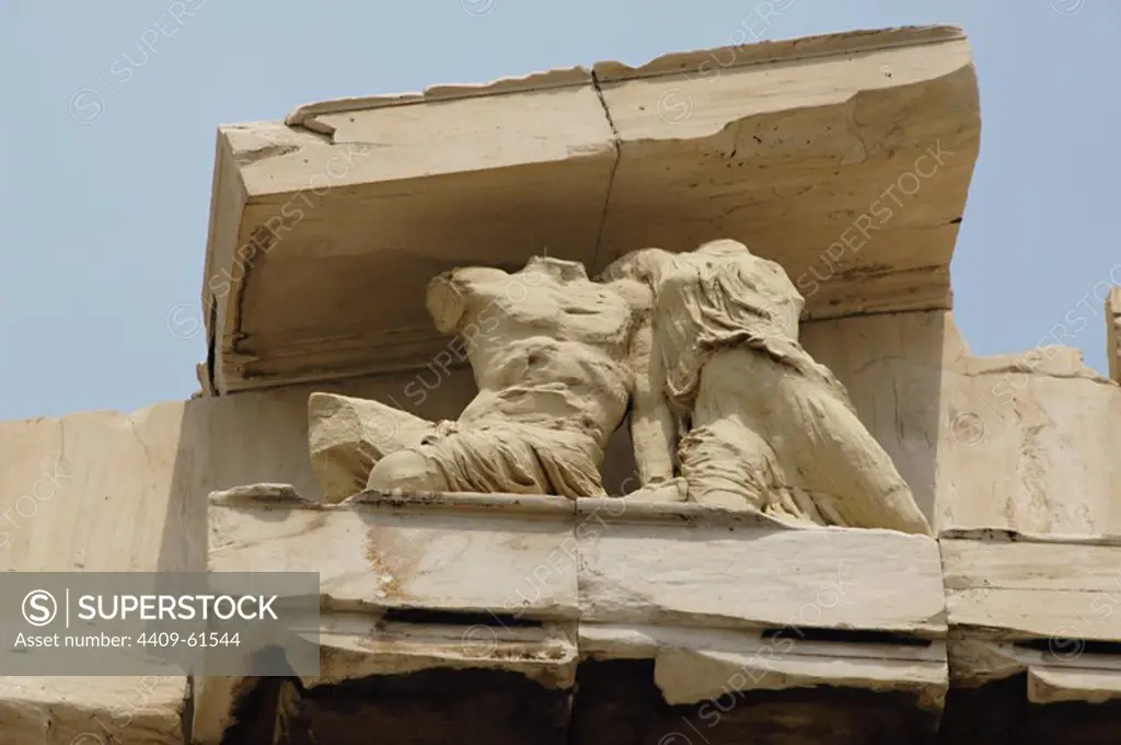 Greece. Athens. Acropolis. Parthenon. Doric order. West pediment. Attributed to Phidias, 5th century BC. Scultpure depicting Kekrops and Pandrosos. Replica.