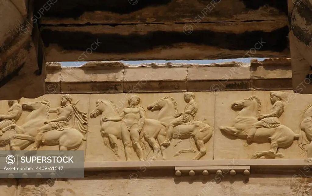 Greece. Athens. Acropolis. Parthenon. Classical temple dedicated to Athena. 447 BC-432 BC. Doric order. Architects: Iktinos and Callicrates. Frieze. High-reliefs under direction of Phidias. Cavalcade. Replica.