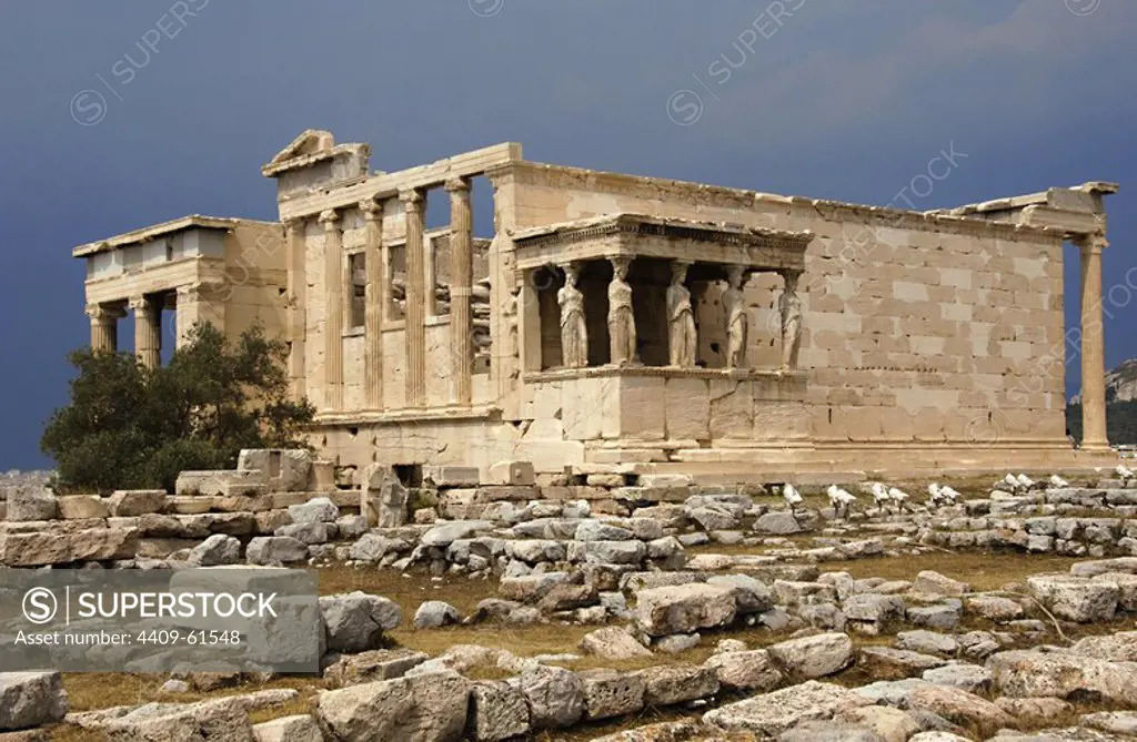 Greece. Athens. Acropolis. Erechtheion. Ionic temple which was built in 421 BC by Athenian architect Mnesicles (Pericles Age). General view of the Kariatides (Porch of the Caryatids).
