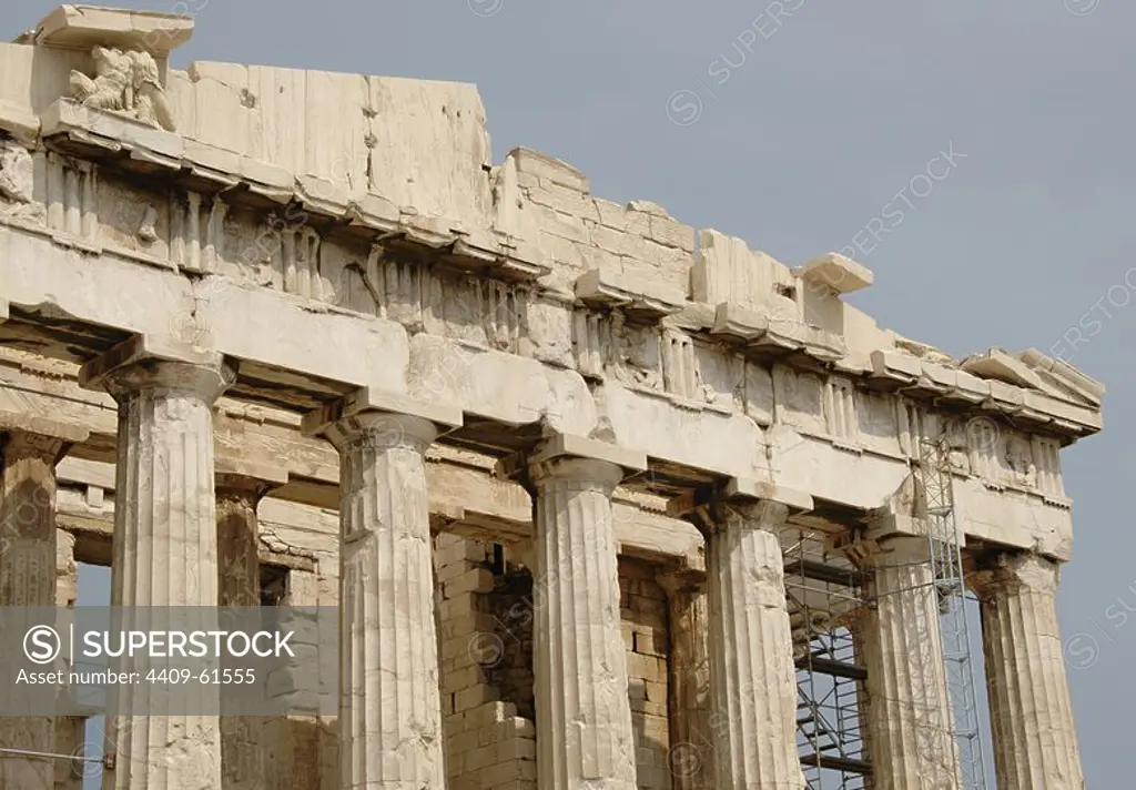 Greece. Athens. Parthenon. 447-438 BC. in Doric style under leadership of Pericles. The building was designed by the architects Ictinos and Callicrates. Acropolis.