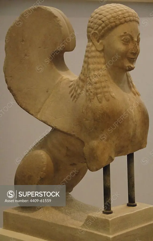 Greek art. 6th century BCE Greece. Votive statue of a sphinx. BC 560-550. Acropolis Museum. Athens. Greece.