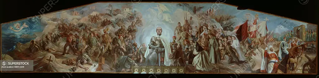Allegory of Franco and the Cross. 1948-1949. Mural. Madrid, Military historical archives. Author: ARTURO REQUE MERUVIA-KEMER-. Location: ARCHIVO HISTORICO MILITAR. MADRID. SPAIN. FRANCISCO FRANCO.