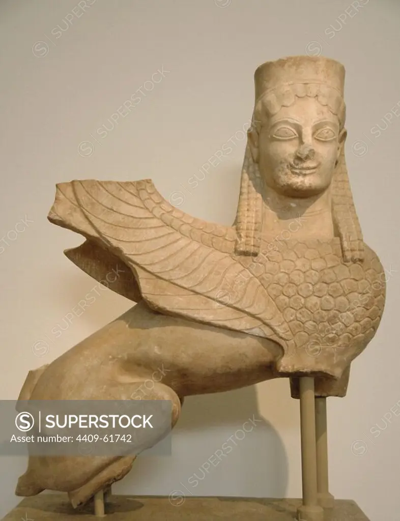 Archaic Greek period. Sphinx that crowned a mortuary stele, ca. 570 BC. It was found in Spata, Attica. National Archaeological Museum of Athens, Greece.