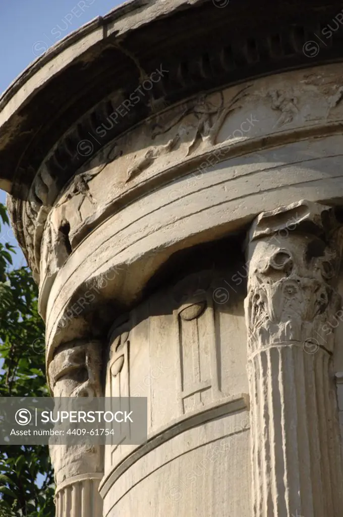 Greece, Athens. The Choragic Monument of Lysicrates, 335-334 BC. Detail. Corinthian order. It was erected by the choregos Lysicrates, patron of musical performances in the Theater of Dionysus, to commemorate the prize in the dithyramb.