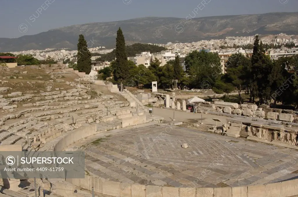 Greece, Athens. Theatre of Dionysus. Panoramic of the orchestra, floored in varicoloured marble, 5th century BC.