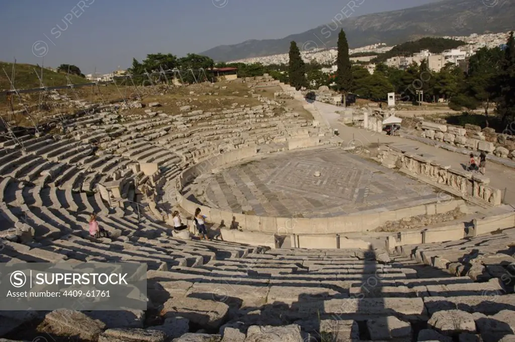 Greece, Athens. Theatre of Dionysus. Panoramic of the orchestra, floored in varicoloured marble, 5th century BC.