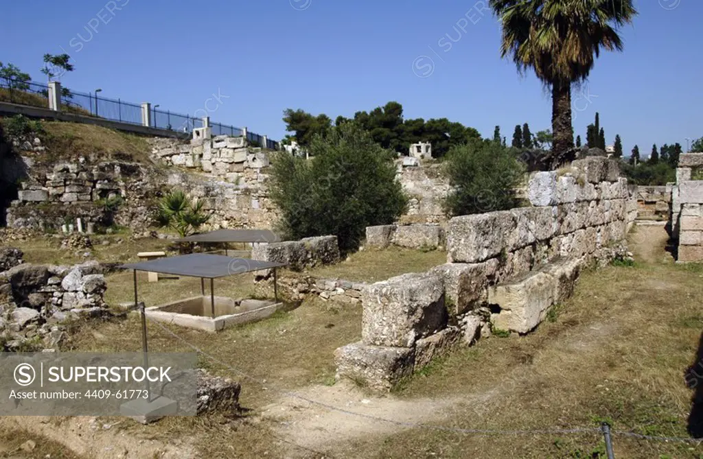 Greece, Athens. Area of Kerameikos (Ceramicus). Its name derives from "potter's quarter". Northwest of the Acropolis. Old cemetery. Ruins.