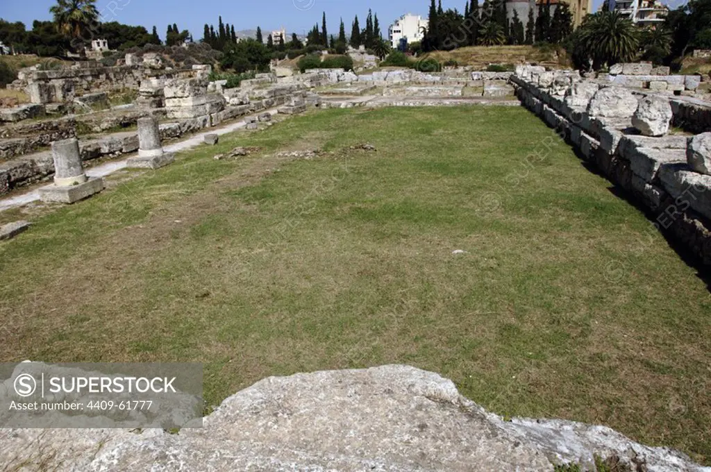 Greece, Athens. Area of Kerameikos (Ceramicus). Its name derives from "potter's quarter". Northwest of the Acropolis. Old cemetery. Ruins.