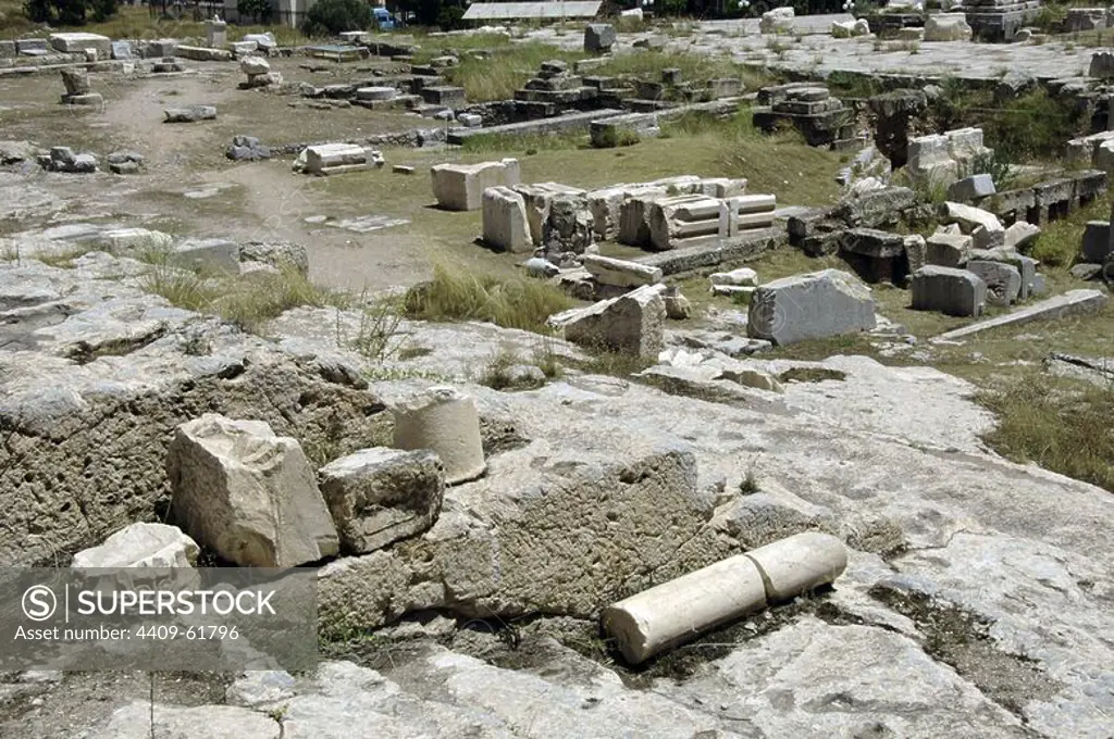 Greece. Ancient Eleusis. Location of a sanctuary where took place the Eleusinian Mysteries. Ruins of the Telesterion.
