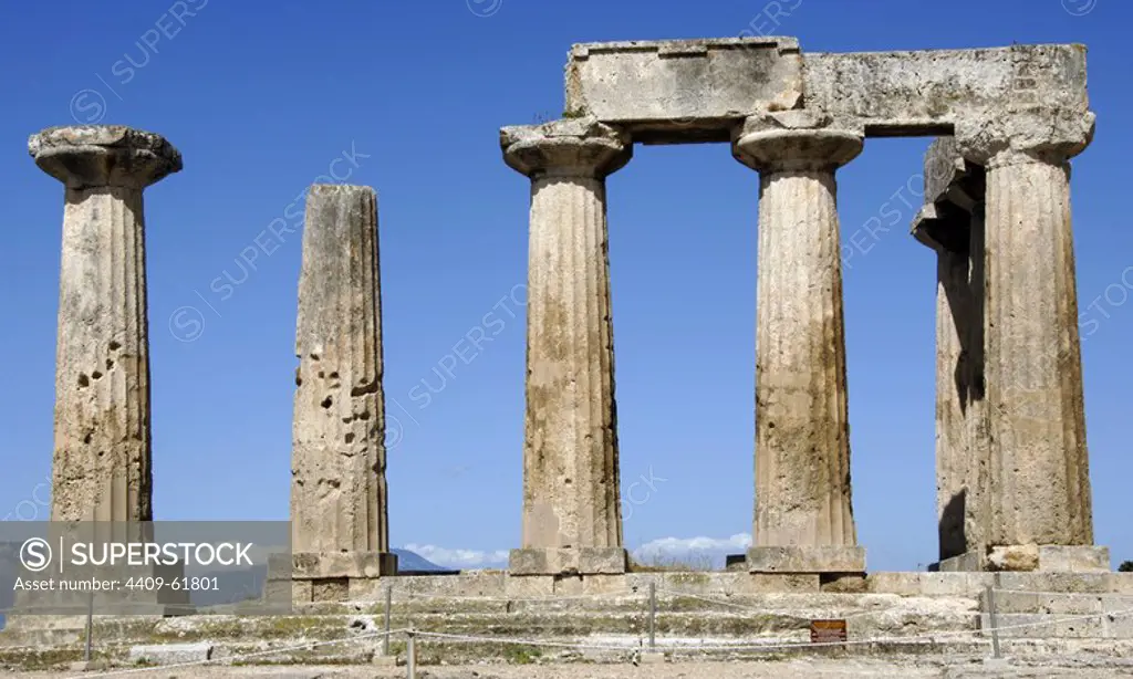 Greece. Ancient Corinth. Doric Temple of Apollo, c. 560 BC. Ruins.