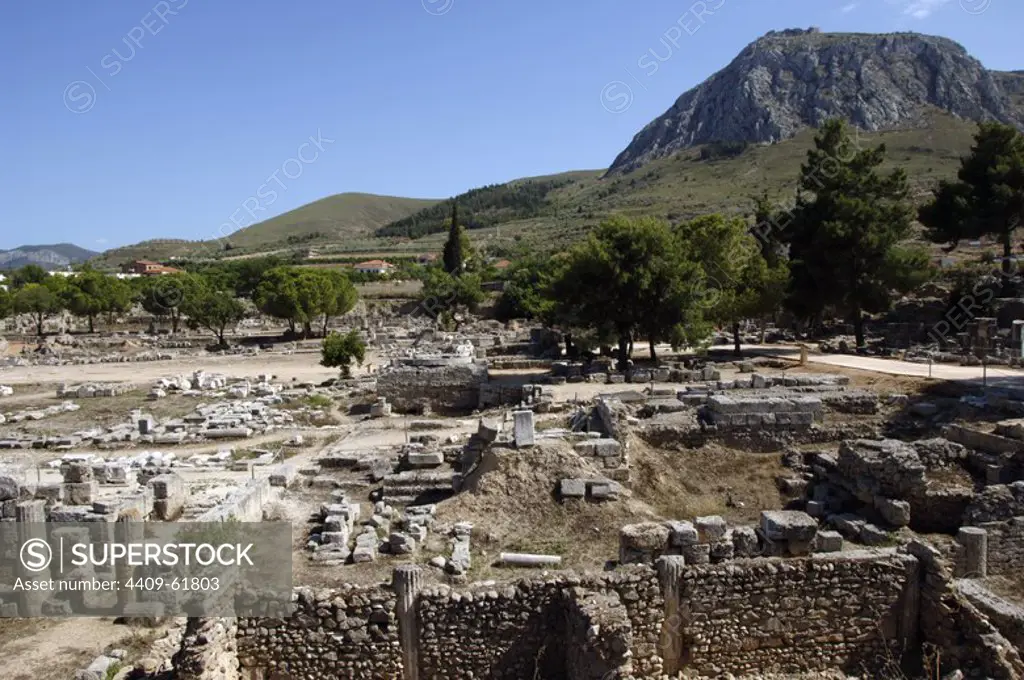 Greece. Peloponnese. Panoramic of the archaeological site of Corinth.