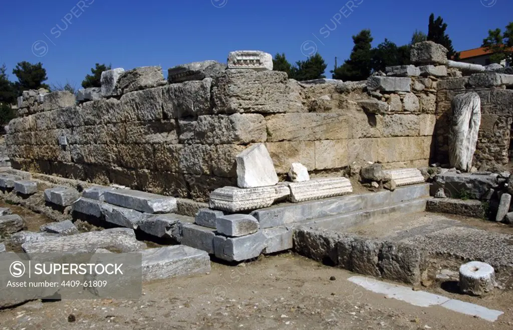 Greece. Ancient Corinth. Ruins of the Bema (altar). Said to be the site where apostle St. Paul was accused of sacrilege by the Jews of Corinth. Dated 1st century AD. Peloponnese region.