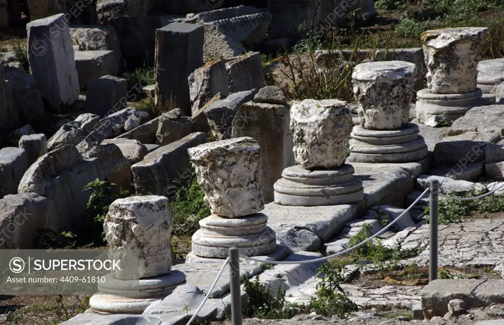 Greece. Ancient Corinth. Lechaion Way. Marble-paved road to the port of Lechaion. It began in the agora with a monumental propylon. In regular use until 10th century. Remains. Peloponnese region.