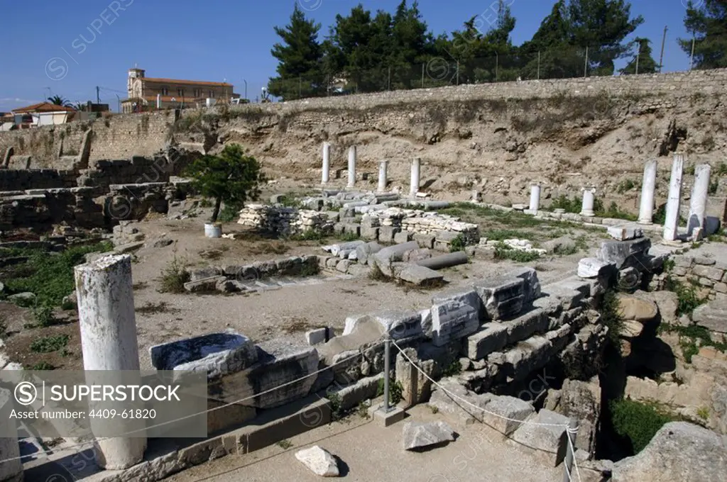 Greece. Ancient Corinth (polis). Ruins of the archaeological site. Peloponnese region.