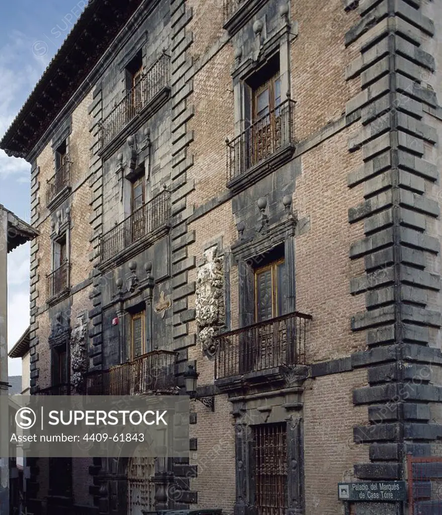 Spain. La Rioja. Igea. Palace of the Marquis of Casatorre. Ir was started in 1725 and finished in 1729. View of the facade. In its construction were used black basalt, alabaster, masonry in stone, brick and iron forge.