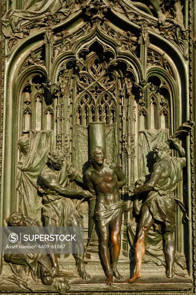 Italy. Milan Cathedral. Door detail. Flagellation of Christ. Bronze. 16th - 17th century.