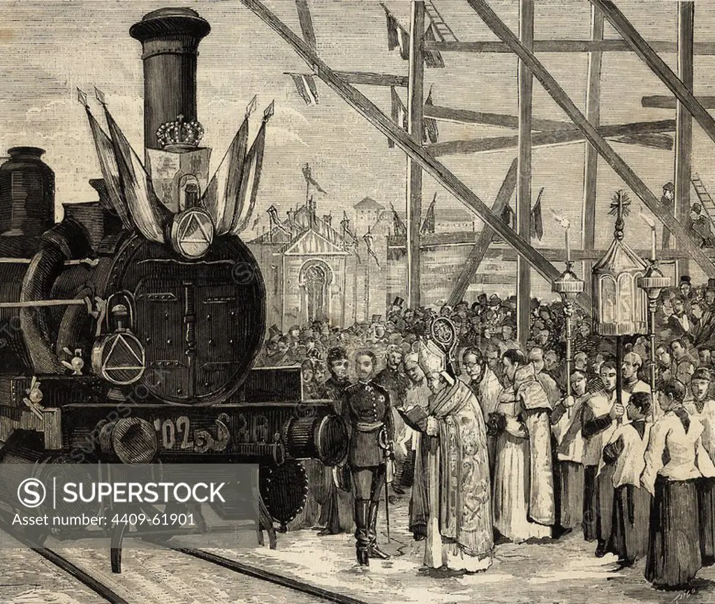 Inauguration of a direct rail from Madrid to Ciudad Real. The Cardinal Archbishop of Toledo bless the locomotive "Badajoz" (1879), in the presence of King Alfonso XII. Engraving in The Spanish and American Illustration.