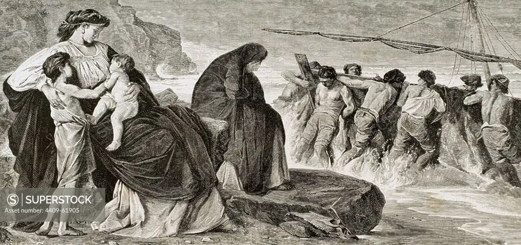 Medea prepares the flee. The Illustrated Univers. Engraving. 1882.