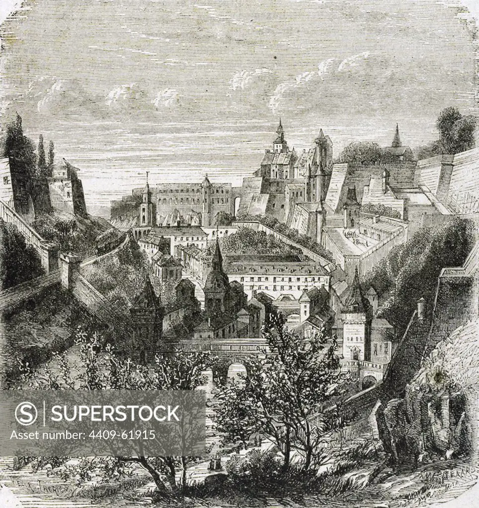 Luxembourg. 19th century. View of the city. Engraving at "Semanario Familiar Pintoresco", 1875.