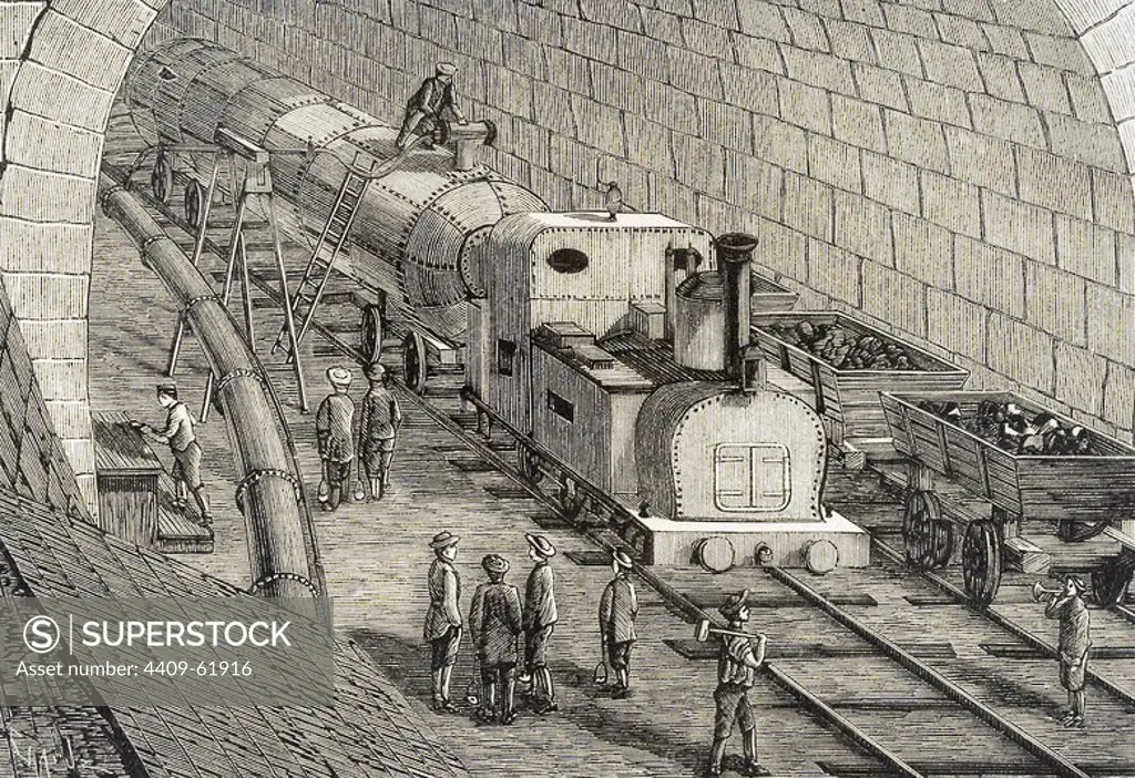 Switzerland. 19th century. Locomotive driven by compressed air used for the drilling of Saint-Gothard. Engraving of "The Spanish and American Illustration," 1875.