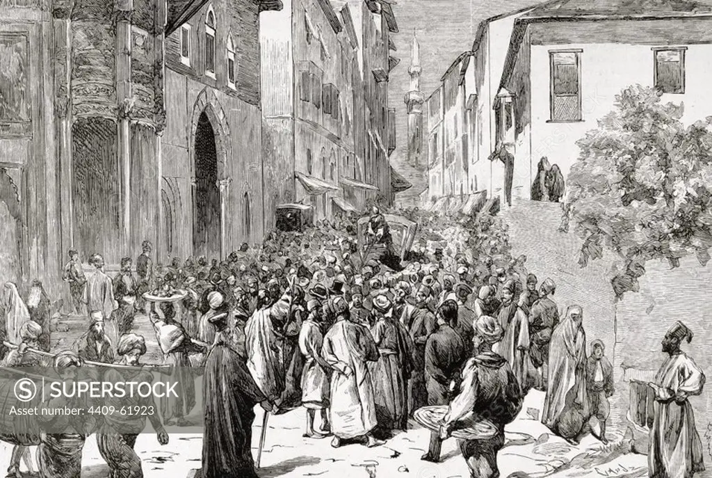 Russo-Turkish War (1877-1878). Constantinople. Demonstration of Softas against the Ministry of Mahmud Nedim Pasha in the street Yolou-Divan. Engraving by Capuz in "The Spanish and American Illustration", 1878.