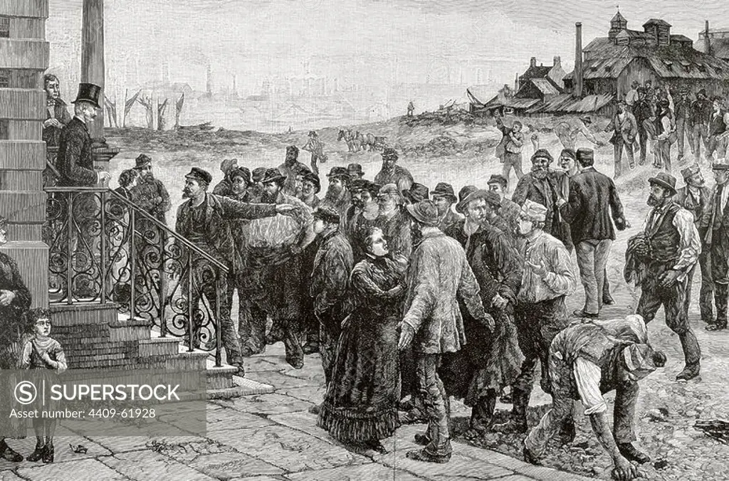 Labor movement. Late 19th century. The strike in Belgium. The Artistic Illustration. Engraving, 1886.