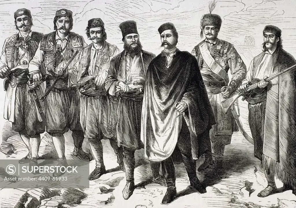 Herzegovina Uprising (1875-1878). Mico Ljubibratic, serbian military commander, chief of the insurgents, and his Military Staff. Engraving, 1875.