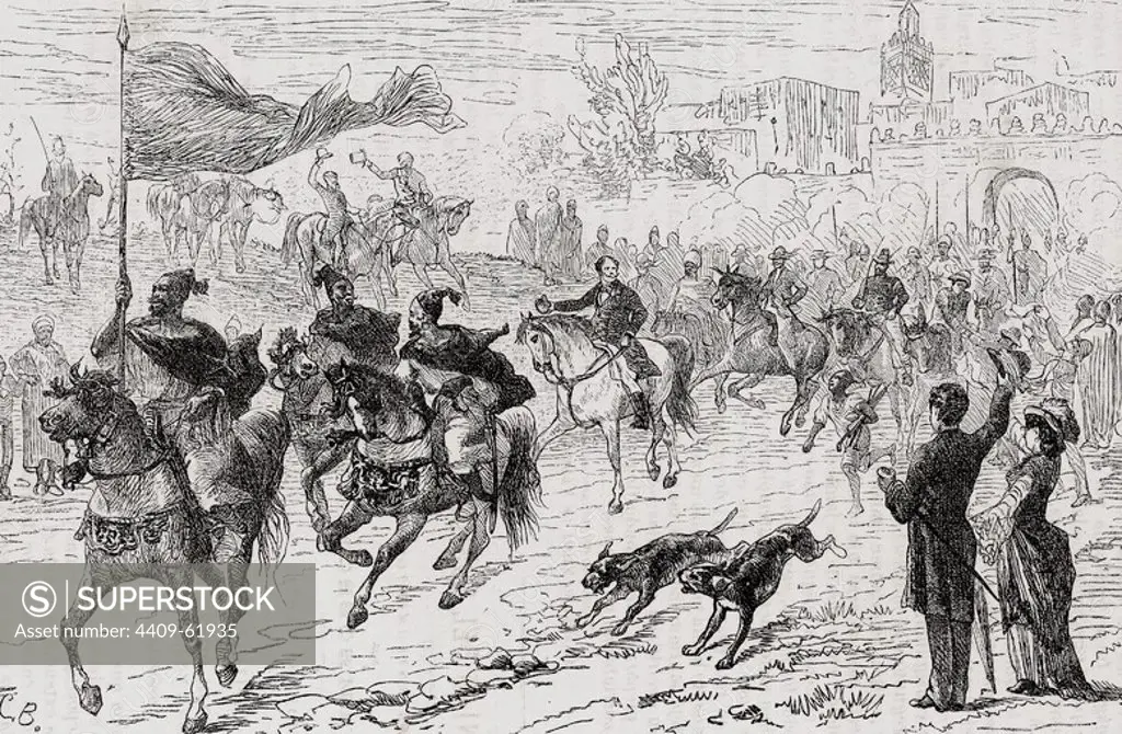 History of Morocco. Departure of the caravan to Fez. Engraving by Barberis in The World Illustrated, 1885.