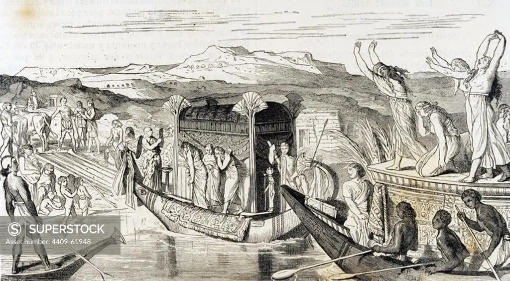 History of Egypt. Funeral procession going to the cemetery. The procession crossed the Nile River with the boat in which they placed the deceased and the mourners. Engraving, 1882.