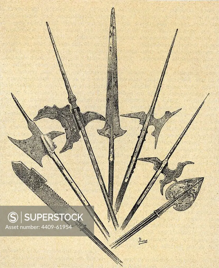 Weapons. Swiss Halberd from 18th century, Swiss halberd from 15th century, German halberd from 16h century, French halberd from 16th century, Venetian halberds from 16th century and spearhead of the 16th century. Engraving.