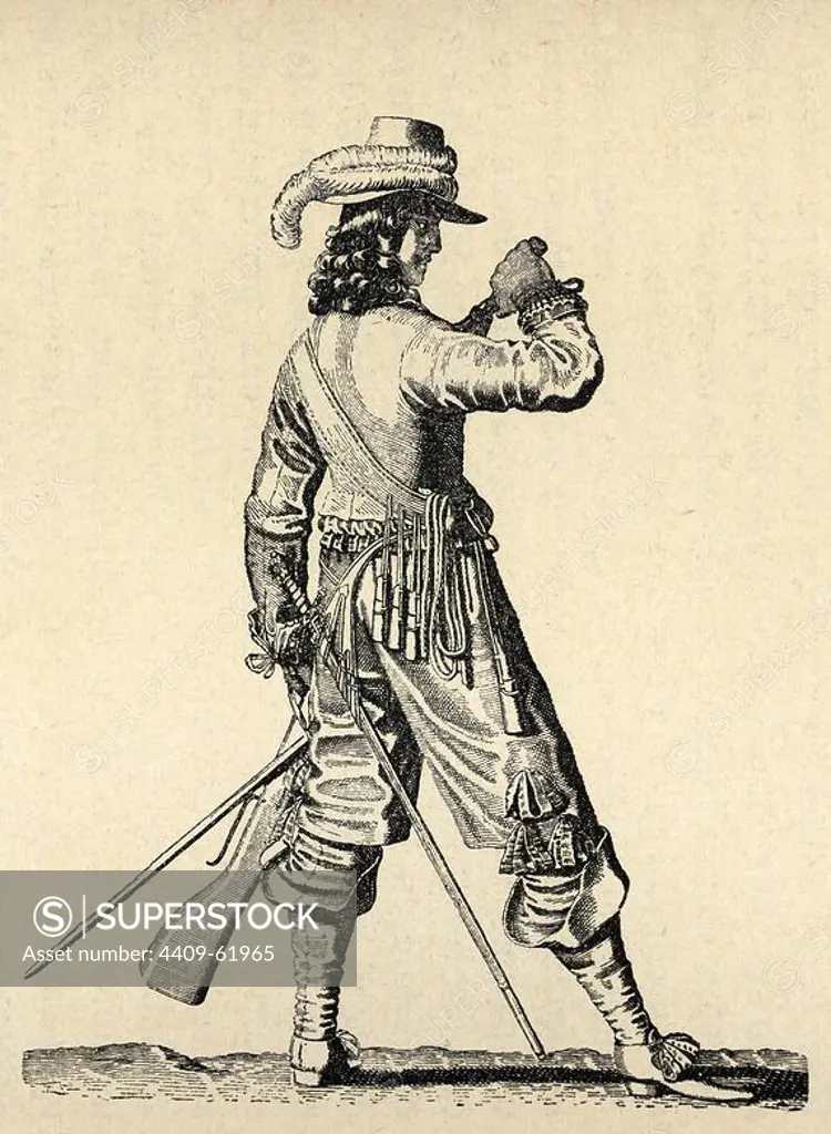 Army of the 18th century. France. Musketeer of the Infantry of Louis XIV charging the musket. Engraving.
