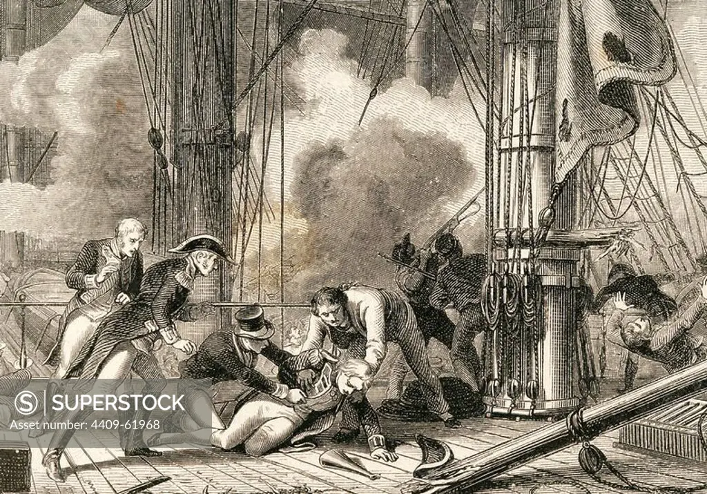Horatio Nelson (1758-1805). British Vice-admiral. Death of Nelson at the Battle of Trafalgar, 1805. Engraving.