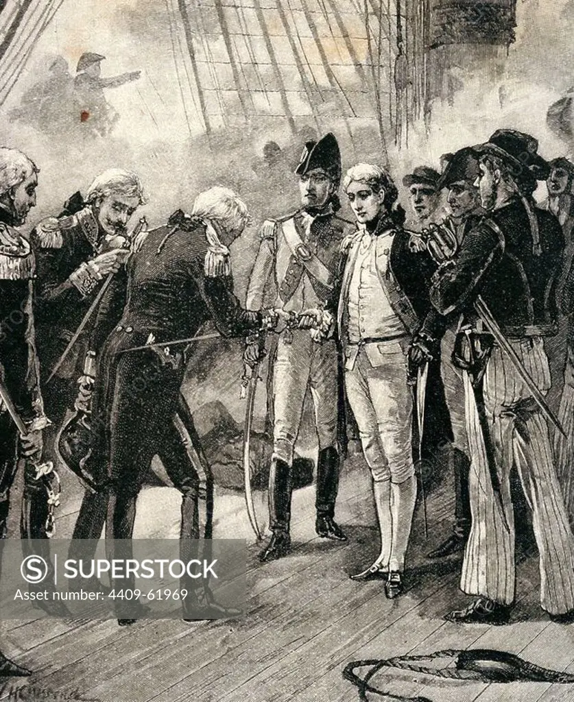 Horatio Nelson (1758-1805). British Vice-admiral. Battle of Cape Saint Vincent. Delivery of swords to Nelson, 1797. Engraving.