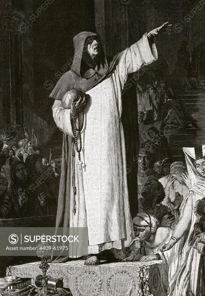 Girolamo Savonarola (1452-1498). Italian Dominican preacher and reformer. Savonarola preaching against luxury. Engraving. 19th century.