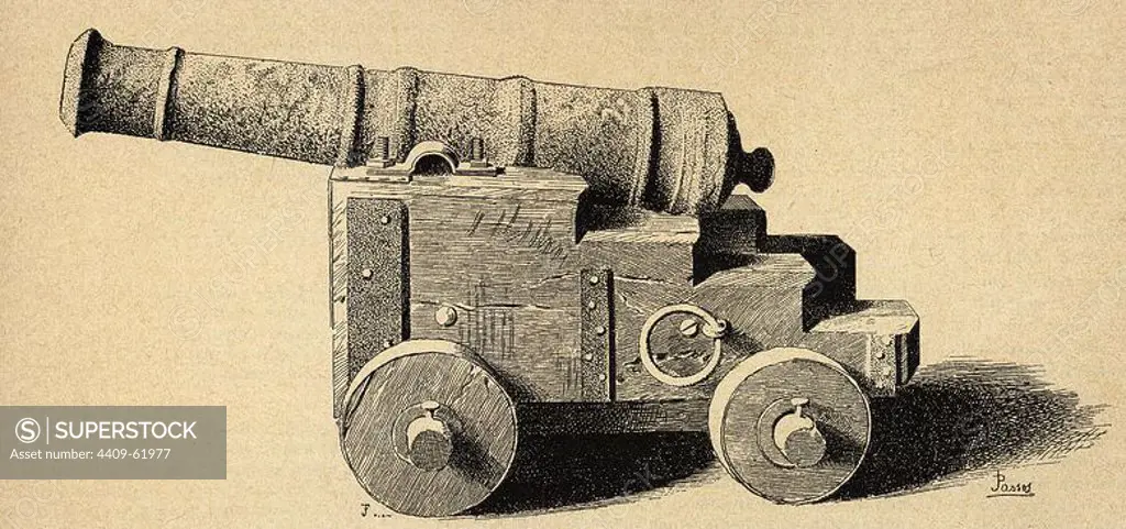 Cast-iron cannon from the 18th century. Engraving.