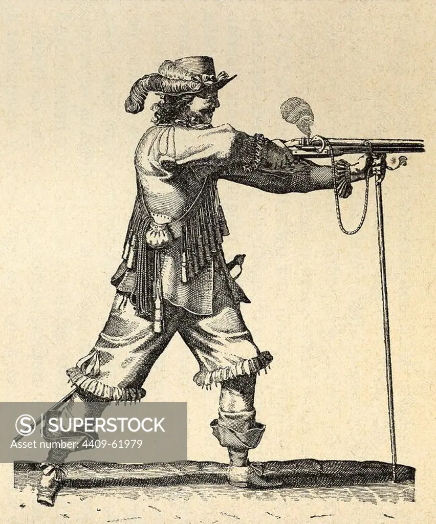 Army of the 18th century. France. Musketeer of the Infantry of Louis XIV firing the musket. Engraving.