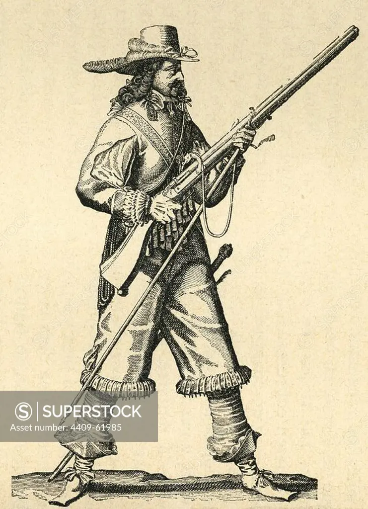 France. Army of the 18th century. Musketeer of the Infantry of Louis XIV with his musket. Engraving.