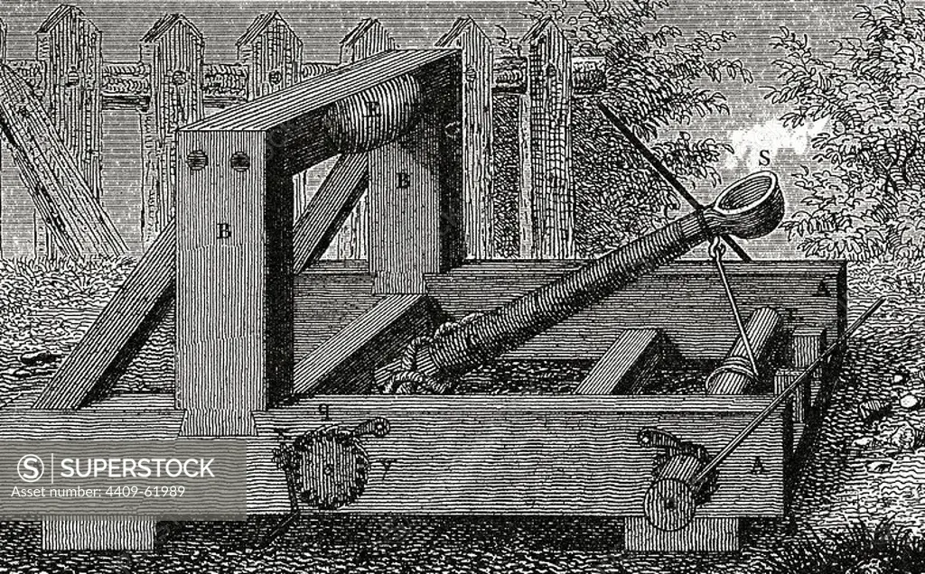 Catapult used by Roman army during its military campaigns. Engraving. 19th century.