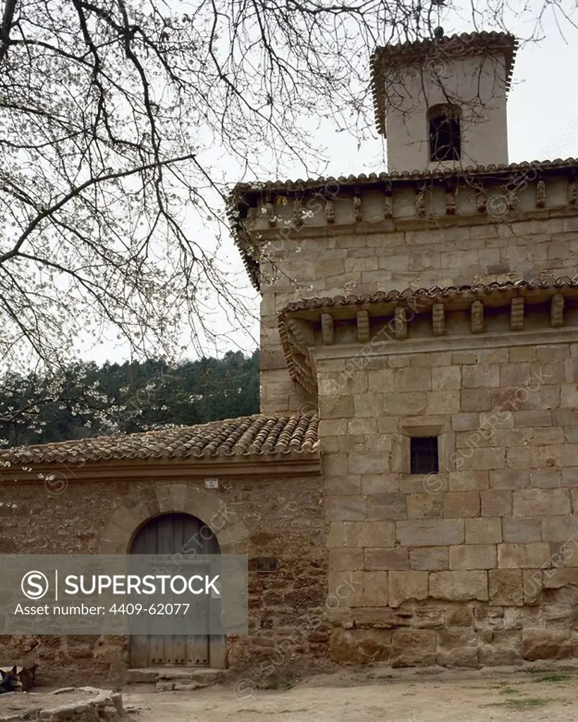 Spain. La Rioja. San Millan de la Cogolla. Monastery of San Millan de Suso, built in different styles: Visigoth (6th-7th centuries), Romanesque (10th century) and Mozarab (11th century). Exterior.