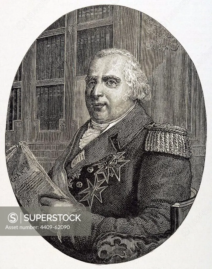 Louis XVIII (1755-1824). King of France from 1814-15 and 1815-24. Brother of Louis XVI. Ascended the throne after the fall of Napoleon. Engraving.