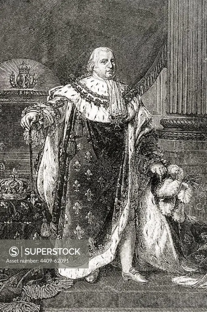 Louis XVIII (1755-1824). King of France from 1814-15 and 1815-24. Brother of Louis XVI. Ascended the throne after the fall of Napoleon. Engraving.