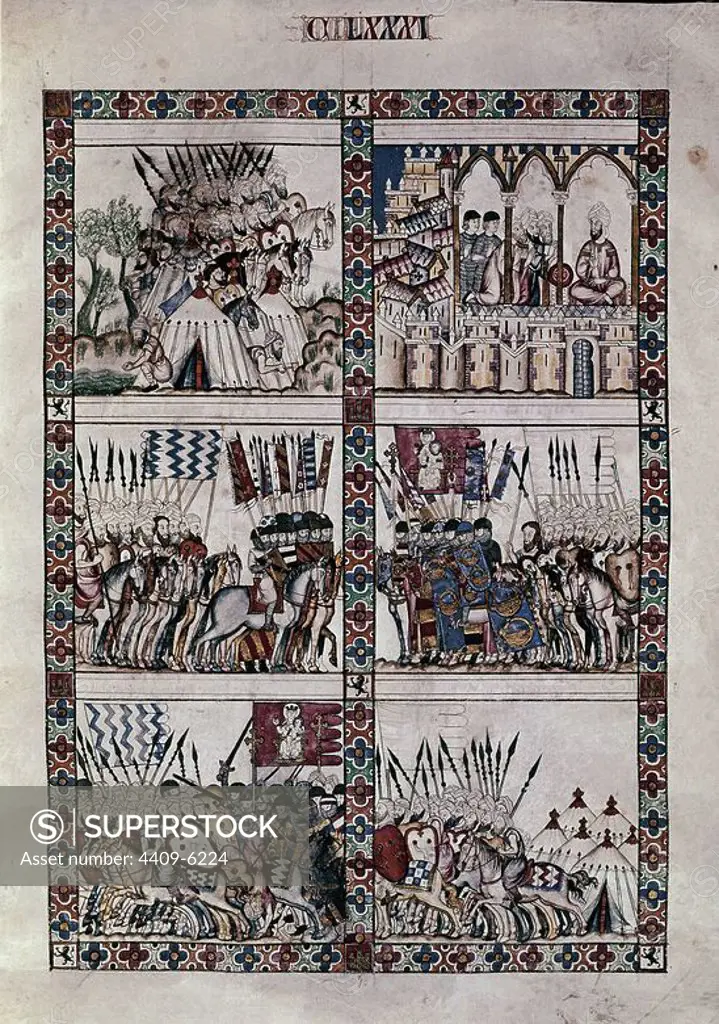 Spanish school. The Cantigas de Santa Maria (manuscript with music notations): The conquest of Morocco. 13th century. Canticle n°181, folio 240 R. Madrid, San Lorenzo de El Escorial library. Author: Alfonso X of Castile. Location: MONASTERIO-BIBLIOTECA-COLECCION. SAN LORENZO DEL ESCORIAL. MADRID. SPAIN. ABU YUSUF YA'QUIB. AMORTEDAFI.