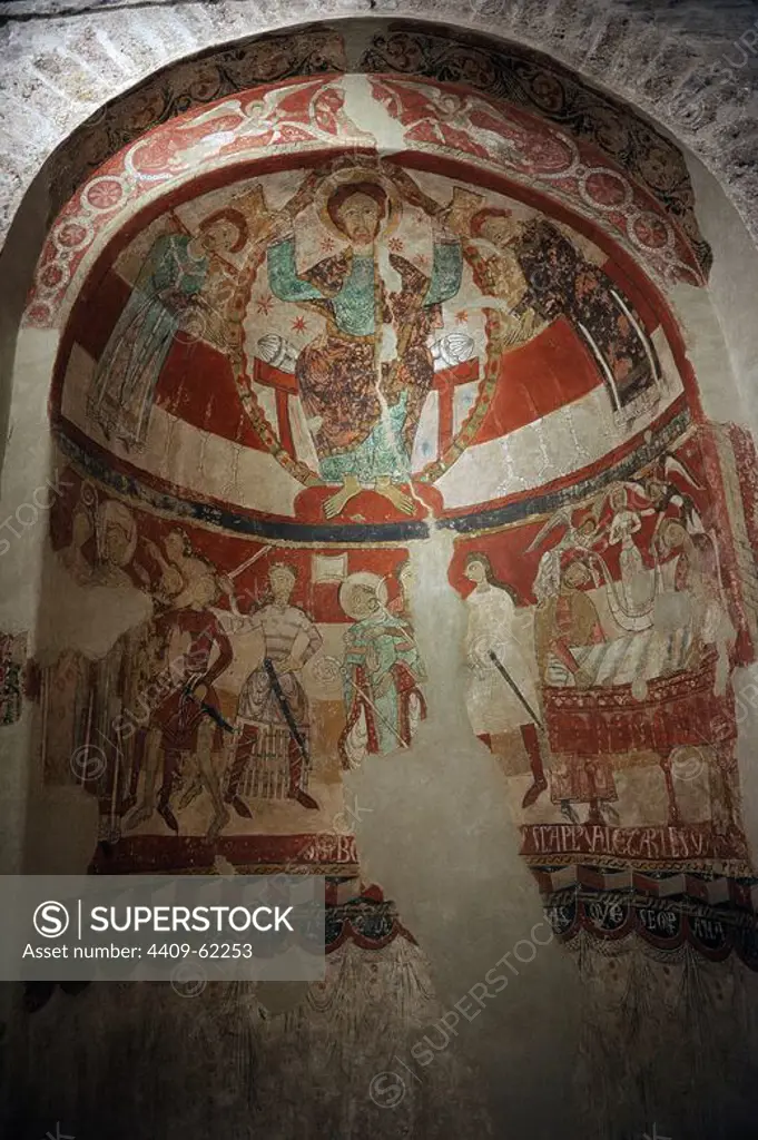 Romanesque Art. Spain. 12th century. Church of St. Mary (Santa Maria). Martyrdom of English Archbishop Thomas Becket, who died in 1170. Mural painting in the apse. Tarrasa. Catalonia.
