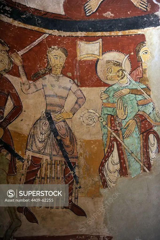 Romanesque Art. Spain. 12th century. Church of St. Mary (Santa Maria). Martyrdom of English Archbishop Thomas Becket, who died in 1170. Mural painting in the apse. Tarrasa. Catalonia.